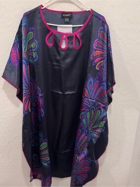 NWT Ashro Satin Kaftan Womens One Size Black Pink Multicolor Paisley Muumuu